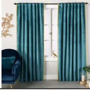 Set of 2 Opalhouse Teal Velvet Curtains with Tassels, Light Filtering, 82x53